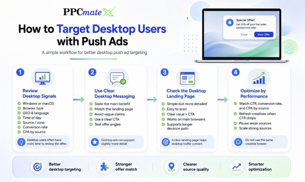 Infographic showing how to target desktop users with push ads by reviewing desktop signals, using clear messaging, checking landing pages, and optimizing performance.