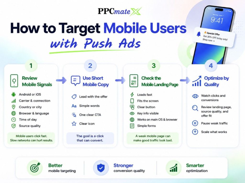 Infographic showing how to target mobile users with push ads by reviewing mobile signals, using short copy, checking landing pages, and optimizing quality.