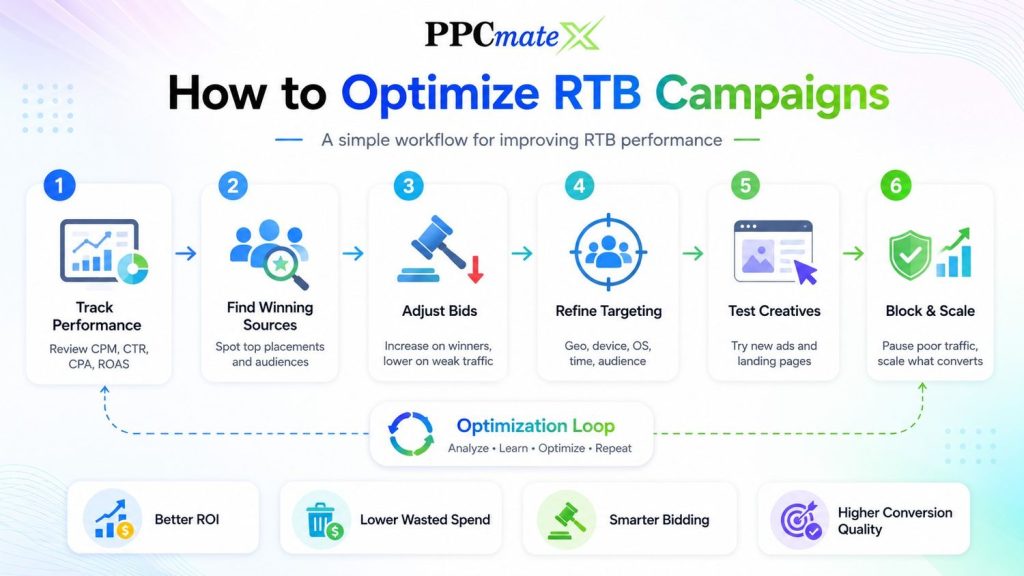 Infographic showing RTB campaign optimization steps: track performance, find winning sources, adjust bids, refine targeting, test creatives, block and scale.