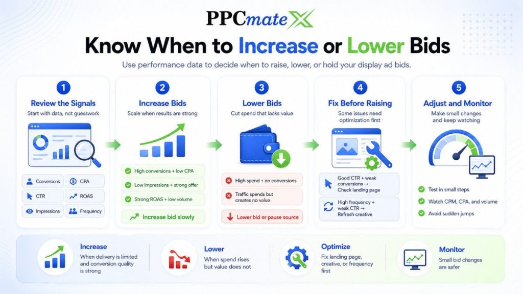 Know When to Increase or Lower Bids infographic showing bid signals, increase, lower, optimize, and monitor steps for spend control.