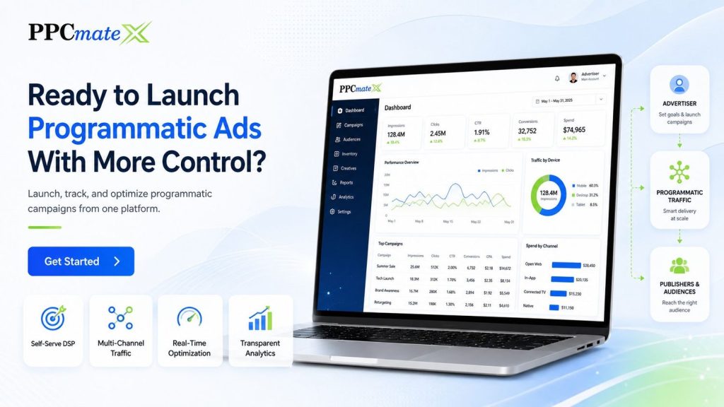 PPCmate banner showing a programmatic ads dashboard for launching, tracking, and optimizing campaigns with DSP, multichannel traffic, analytics, and audience reach.