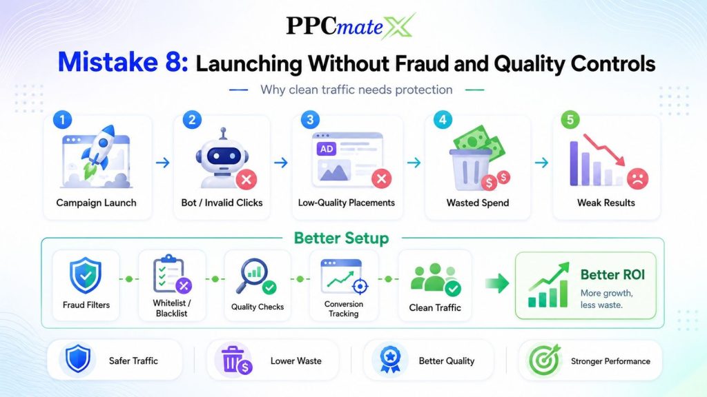 Infographic explaining the risk of launching ads without fraud and quality controls, showing bots, poor placements, wasted spend, weak results, and better ROI.