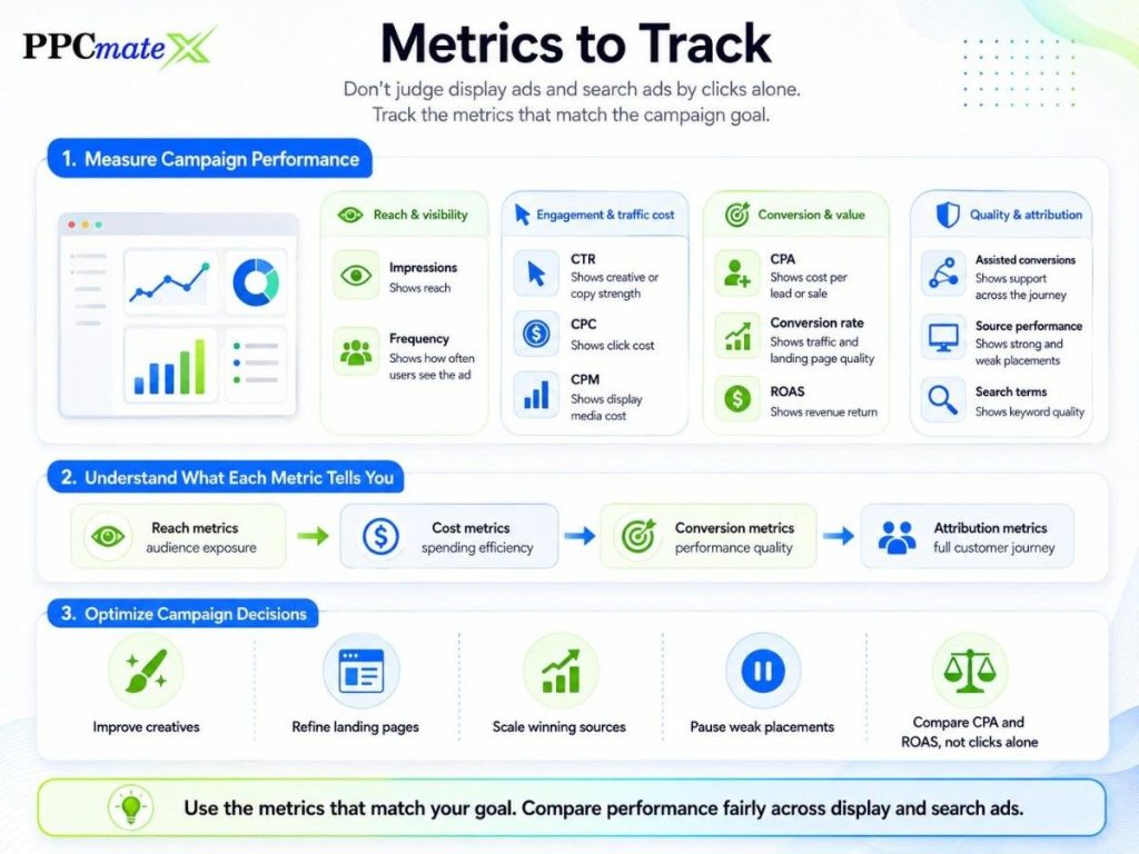 PPCmate infographic showing key ad metrics to track, including impressions, CTR, CPC, CPM, CPA, conversion rate, ROAS, assisted conversions, source performance, search terms, and frequency.
