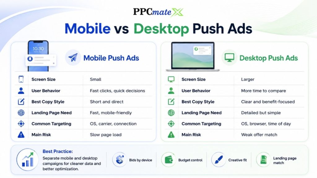 Infographic comparing mobile vs desktop push ads by screen size, user behavior, copy style, landing page needs, targeting options, and risks.