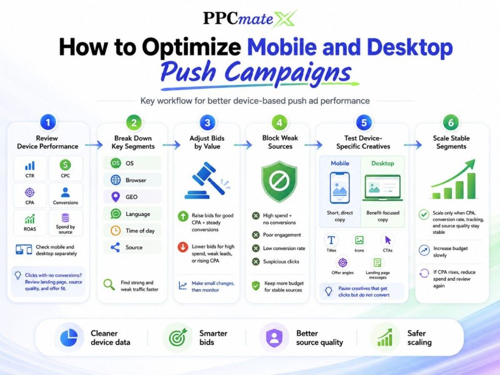 Infographic showing steps to optimize mobile and desktop push campaigns, including device performance, segments, bids, weak sources, creatives, and scaling.