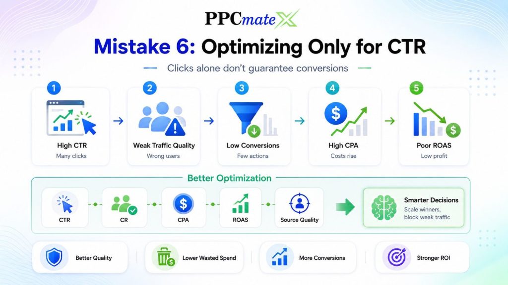 Infographic explaining why optimizing only for CTR can lead to weak traffic, low conversions, high CPA, poor ROAS, and smarter optimization.