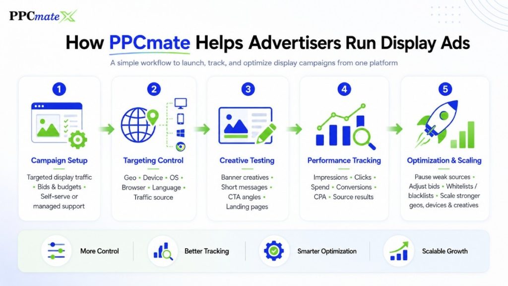 PPCmate workflow infographic showing campaign setup, targeting control, creative testing, performance tracking, optimization and scaling for display ads.