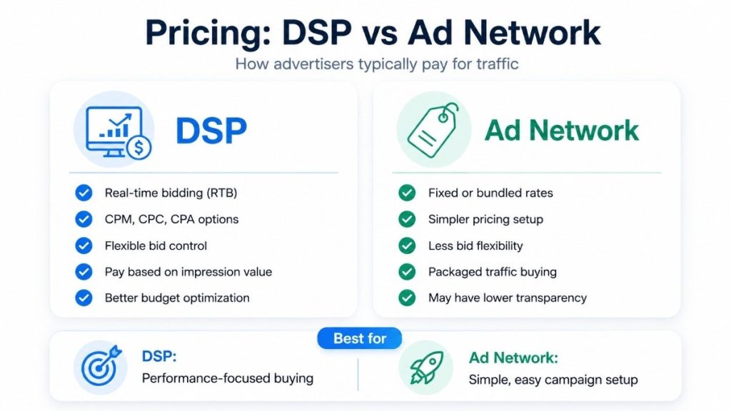 Comparison chart of DSP and ad network pricing models, highlighting bidding options, budget control, transparency, and campaign setup differences.