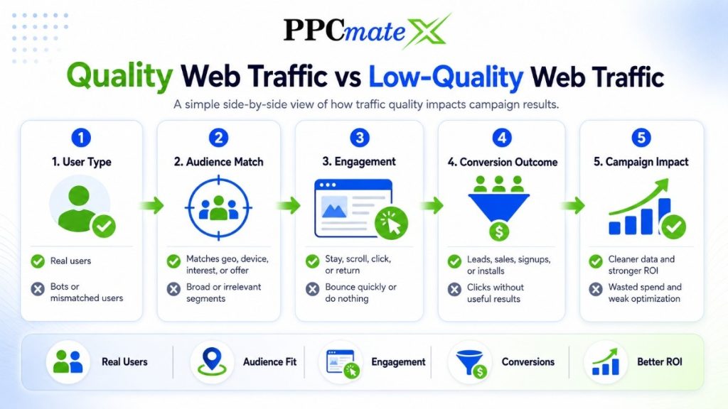 Infographic for Quality Web Traffic vs Low-Quality Web Traffic, comparing real users, audience fit, engagement, conversions, and ROI.
