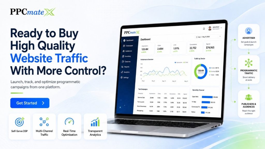 PPCmateX promotional image showing a traffic dashboard, campaign controls, analytics, and tools for buying quality website traffic.