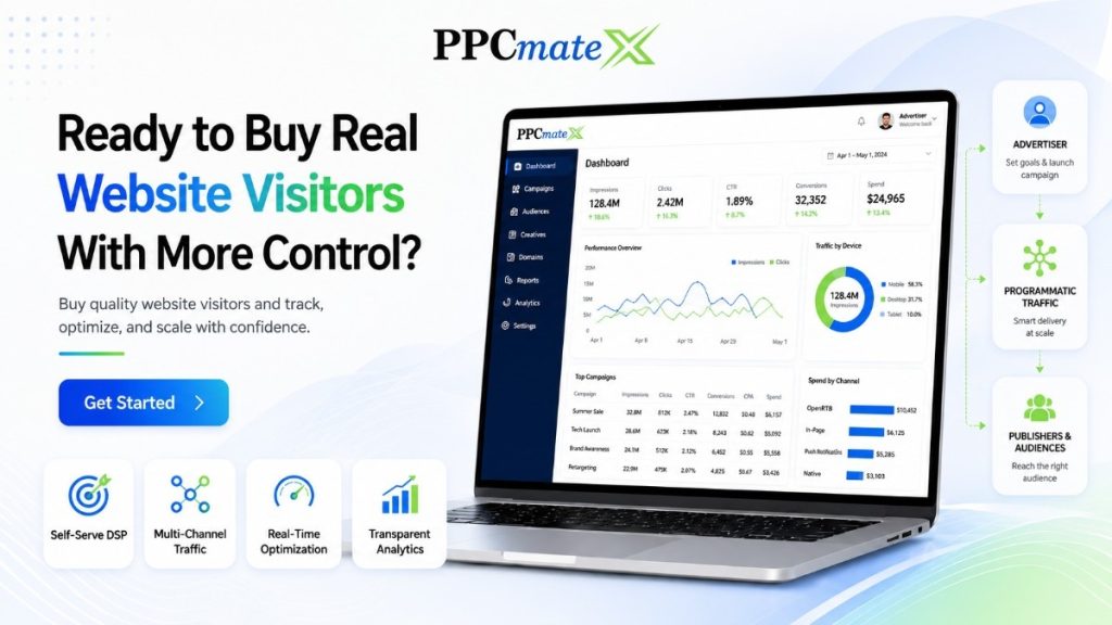 PPCmate banner showing a dashboard for buying real website visitors, tracking performance, optimizing campaigns, and scaling traffic.