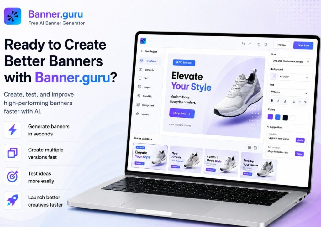 Banner.Guru promotional graphic showing a laptop banner editor and benefits like fast generation, multiple versions, easy testing, and faster launches.