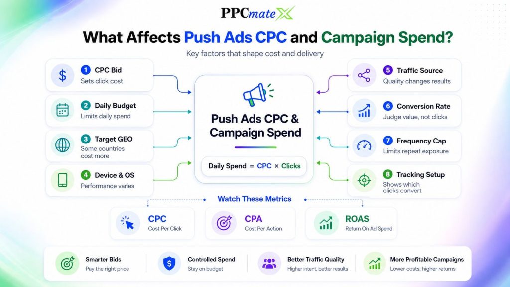 Infographic showing key factors affecting push ads CPC and campaign spend, including bid, budget, GEO, device, traffic source, conversions, and tracking.