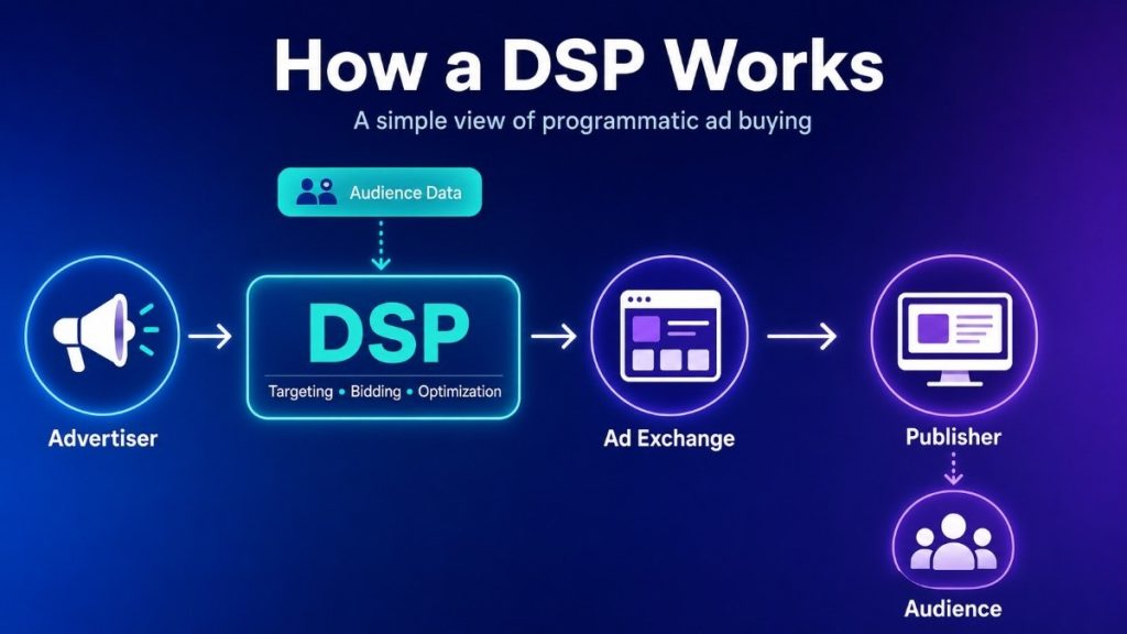 Infographic showing how a DSP works, connecting advertisers, audience data, ad exchanges, publishers, and audiences through programmatic ad buying.