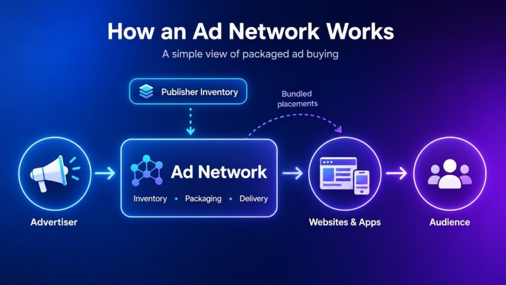 Infographic showing how an ad network works, connecting advertisers, publisher inventory, websites, apps, and audiences through bundled ad placements.