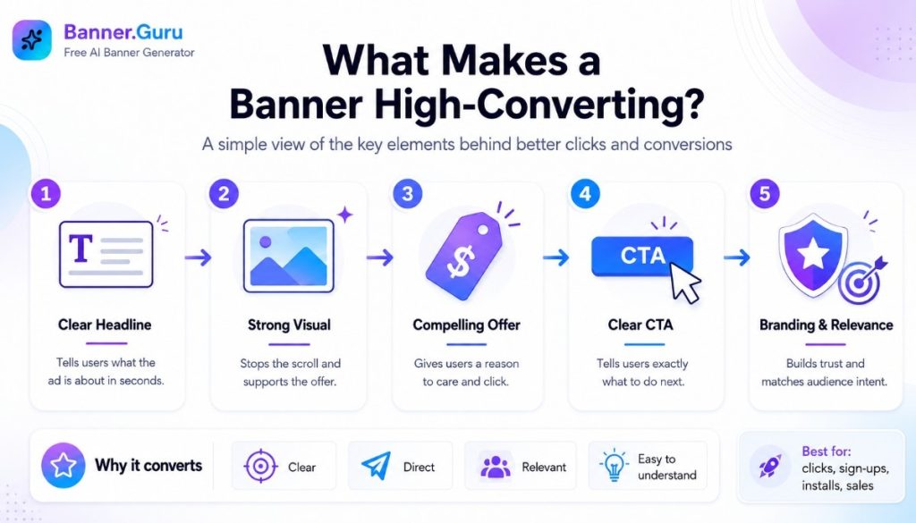 Banner.Guru infographic showing five key elements of a high-converting banner: headline, visual, offer, CTA, and branding for better clicks online now.