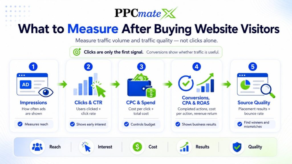 PPCmate infographic showing key metrics after buying website visitors: impressions, clicks, CTR, CPC, spend, conversions, CPA, ROAS.
