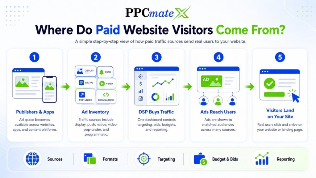 PPCmate process infographic showing paid website visitors from publishers, apps, ad inventory, DSP buying, and matched users.