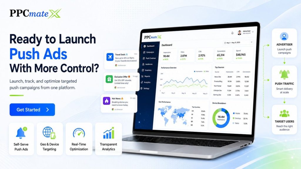 PPCmate banner showing a push ads dashboard for launching, tracking, and optimizing campaigns with geo targeting, analytics, push traffic, and user reach.