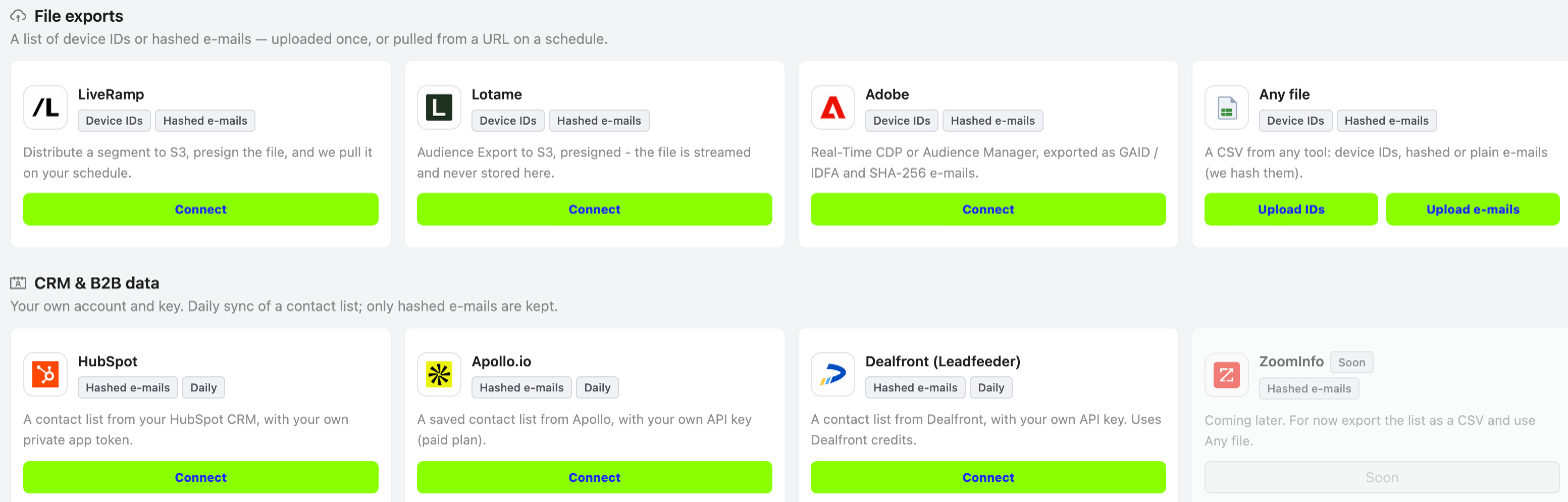 Connect Audience Data: Any file (Upload IDs, Upload e-mails) and CRM & B2B data connectors