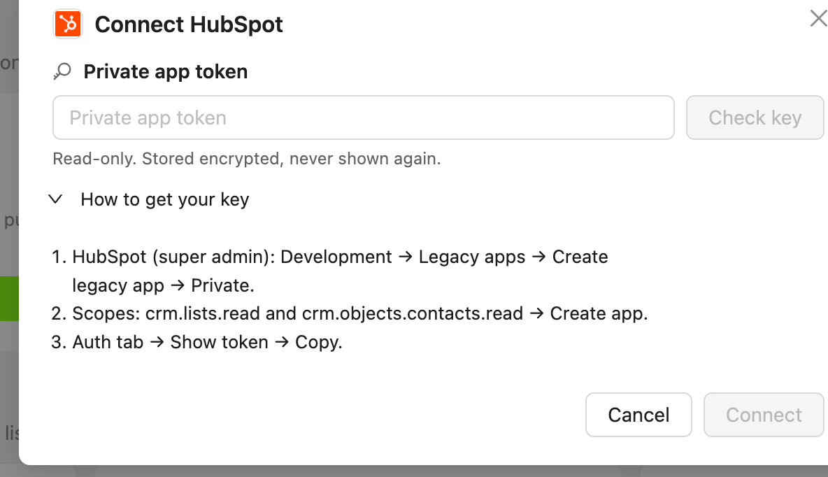 Connect HubSpot: paste your private app token and check it