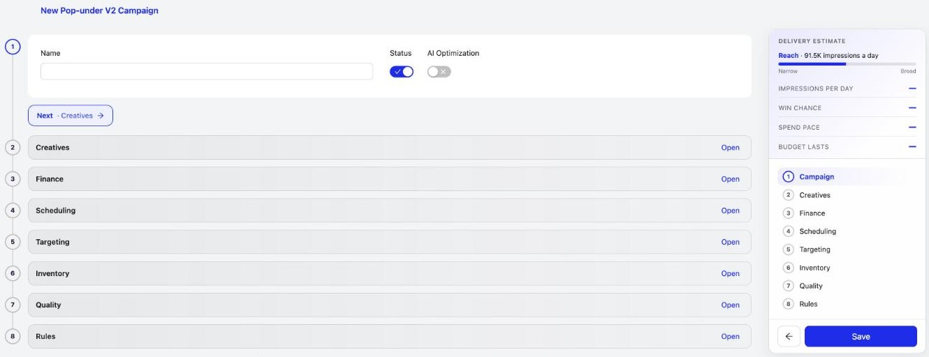 The new PPCmate campaign form with a numbered timeline and a side panel