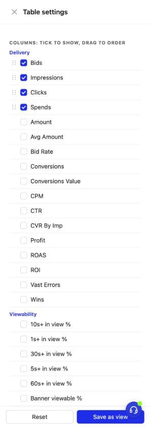 Reports table settings with grouped columns