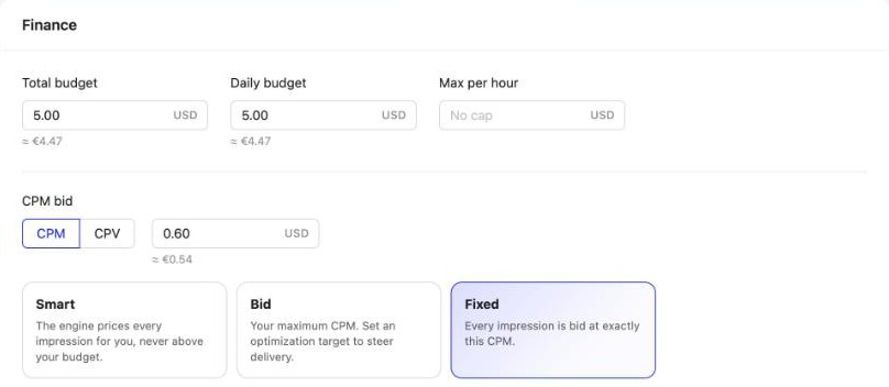 The CPM / CPV switch in a Pop-under campaign's Finance step