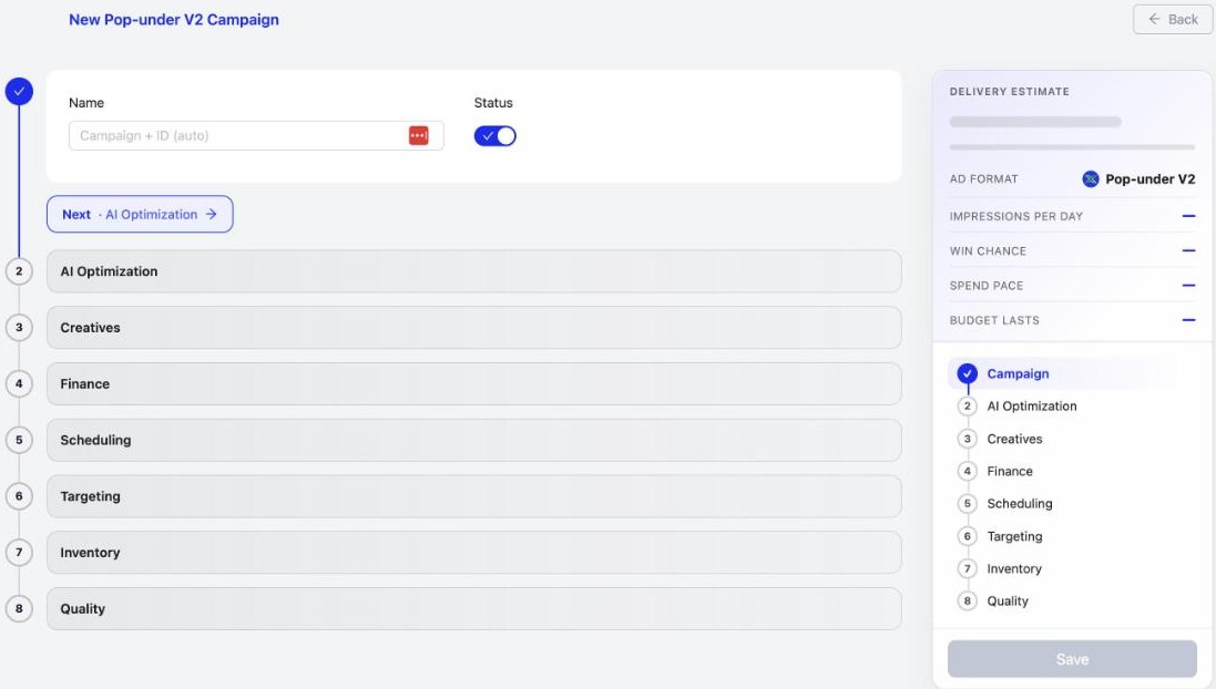 The campaign form with AI Optimization as step 2 and Save waiting until the form is ready