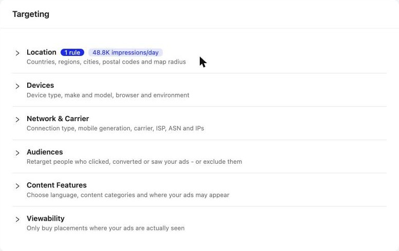 The Targeting step, now before Finance, with every option in one place