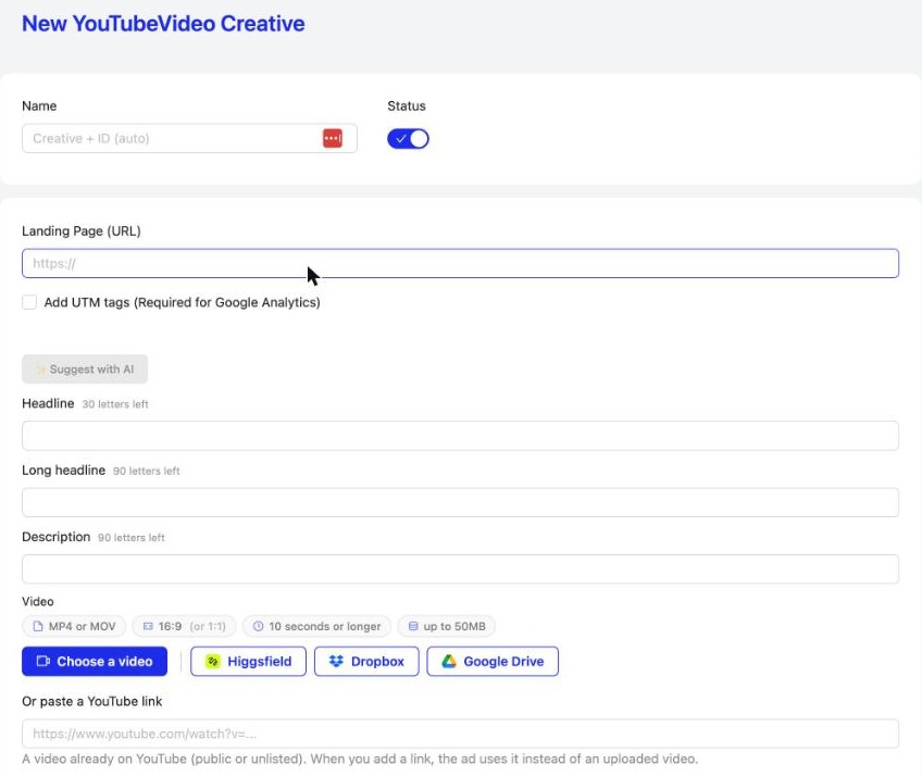 A new YouTube Video creative with the video upload and YouTube link fields