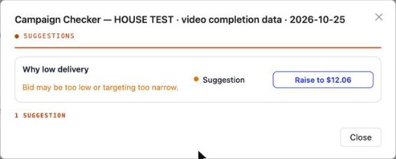 The Campaign Checker with a Why low delivery row and a one-click Raise button