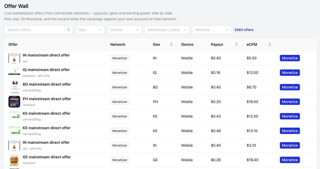 The Offer Wall with the Mainstream / Adult filter